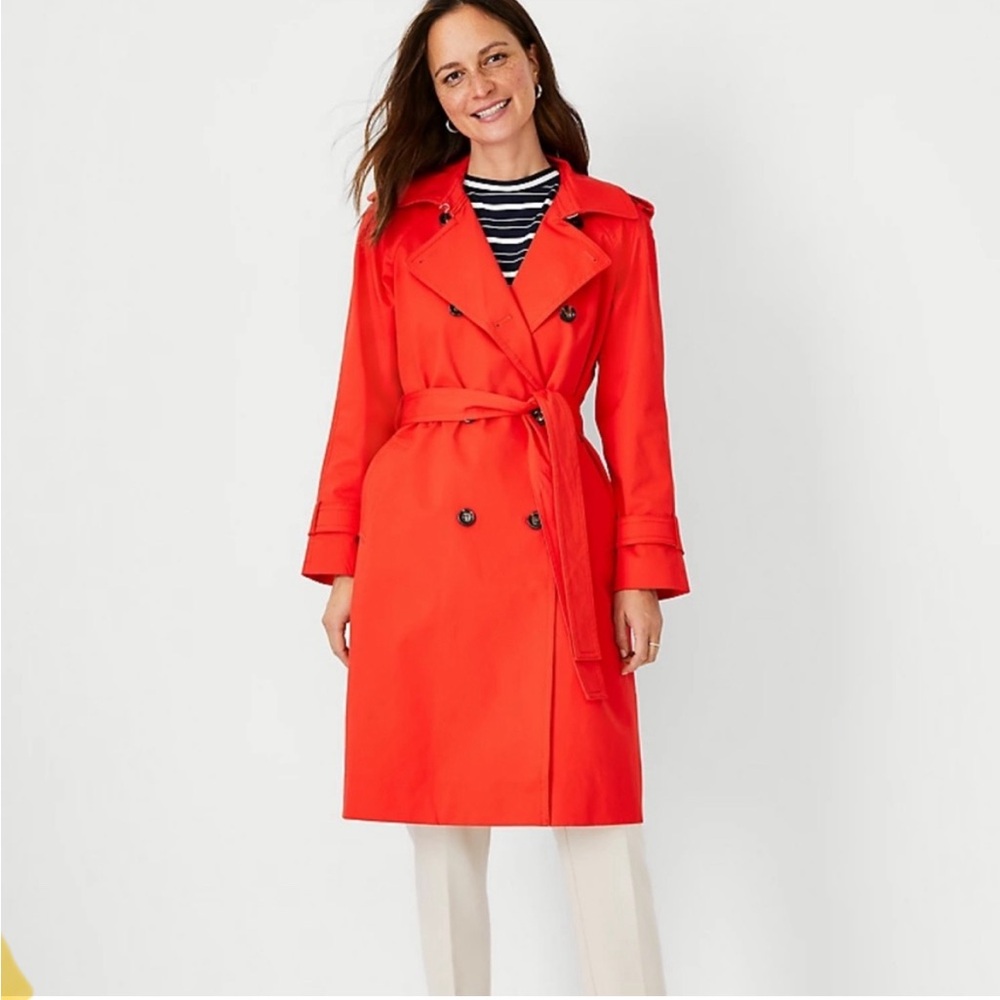 Ann Taylor Belted Cotton Twill Trench Coat MP Medium Vermillion Kiss Orange Red
